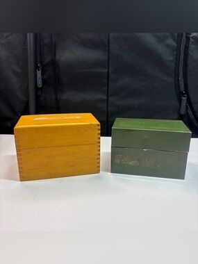 Vintage Oak & Metal Recipe Card Boxes 3x5 Green Index File Made in USA